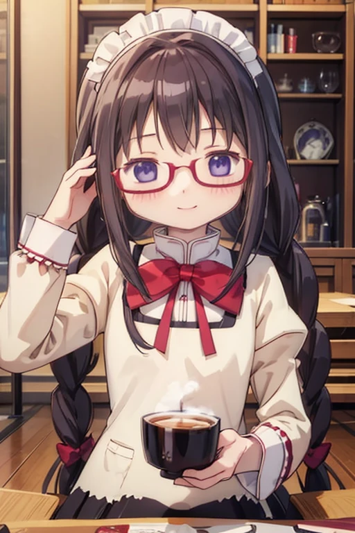 (high quality、masterpiece)、One Girl、アニメ、ultra hi resolution picture、Depth of written boundary、smile、cute、View your viewers、Glasses、Twin braids、whole body、homura akemi、Coffee shop、Maid clothes