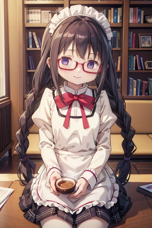 (high quality、masterpiece)、One Girl、アニメ、ultra hi resolution picture、Depth of written boundary、smile、cute、View your viewers、Glasses、Twin braids、whole body、homura akemi、Coffee shop、Maid clothes