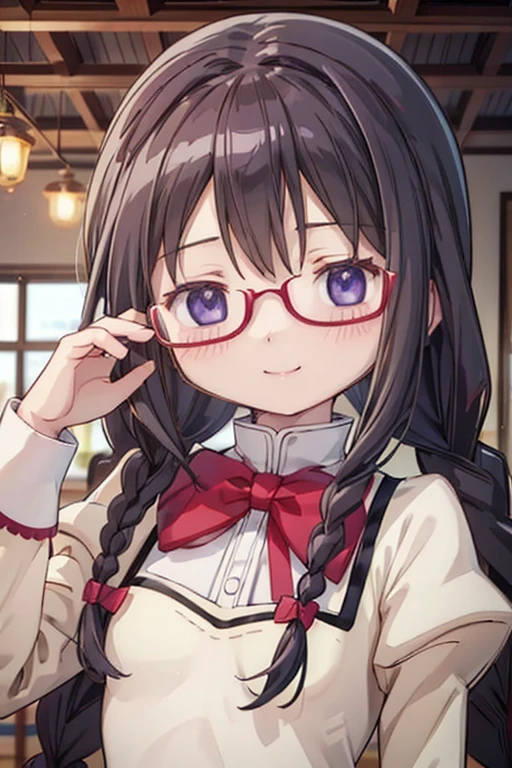 (high quality、masterpiece)、One Girl、アニメ、ultra hi resolution picture、Depth of written boundary、smile、cute、View your viewers、Glasses、Twin braids、whole body、homura akemi、Coffee shop、Maid clothes