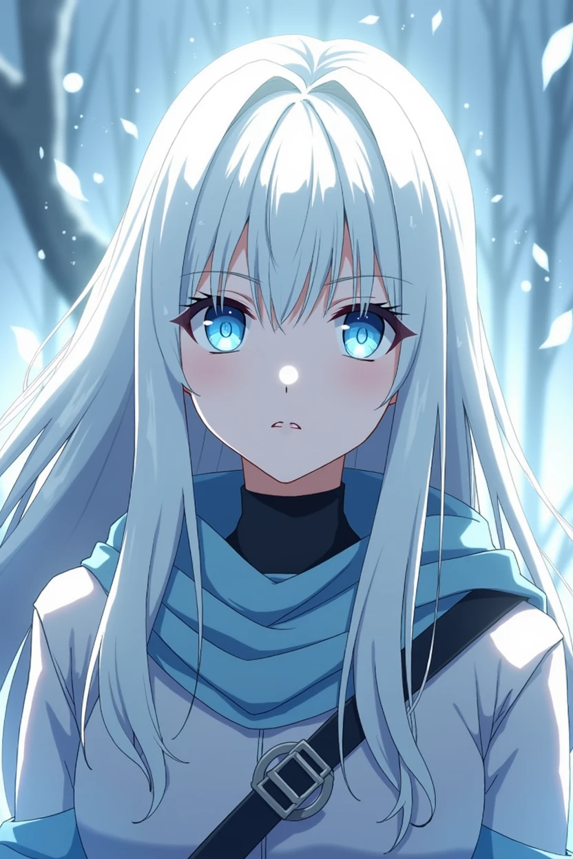 The picture shows a female adult large anime figure with long, smooth, white hair and a light blue shadow on the underside of the hair. Her eyes are as blue and bright as ice. She has a somewhat frightening aura, because she is a warlord. Her face is white as snow and her clothes are made of fine leather. 