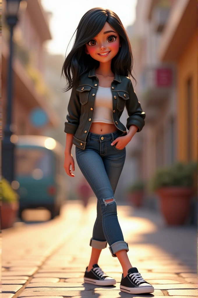 3D character from Disney animation, Pixar style, full body, smiling, brown eyes with beautiful eyelashes, the glamorous one, shoulder-length straight black hair, denim clothes, jacket, black tennis shoes, clean bottom. cinematic lighting, ray tracing, high details, 3D rendering