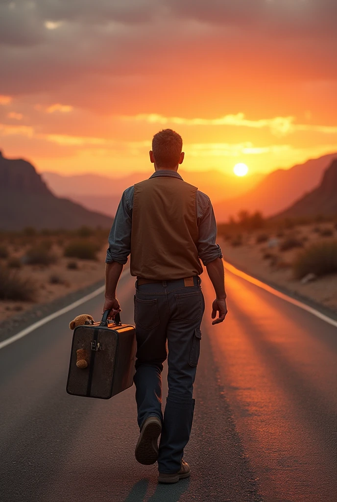 Man carrying a toolbox walking facing the sun on an asphalt road in the Arizona desert driving at sunset and in the box a small brown teddy bear