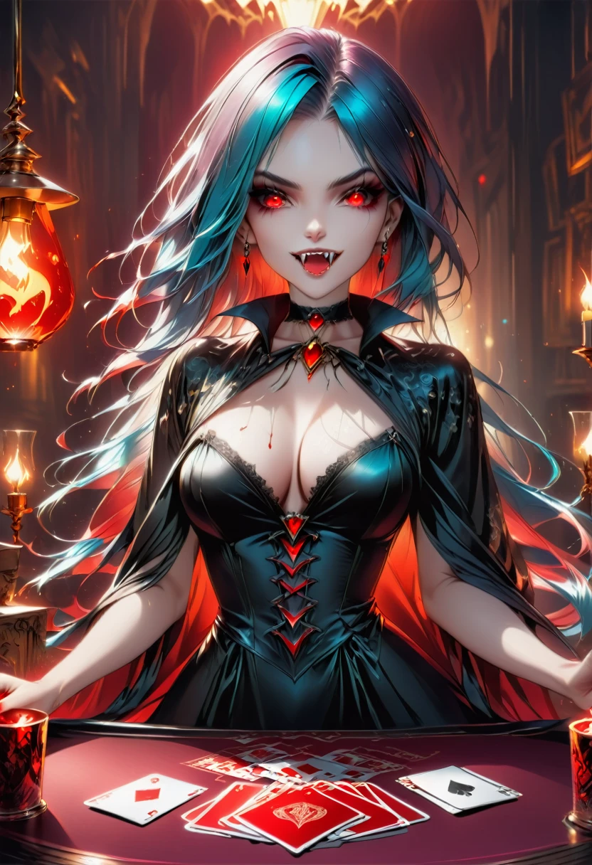 a portrait of a vampire playing poker game of cards, holding cards ((cards not shown:1.5)) the cards are dripping blood, an exquisite beautiful vampire, goth vampire, ((dynamic hair color: 1.5)), white pale skin, some blood veins are seen on the skin, red lips, red eyes, glowing eyes, wearing goth dress, silk dress, there are diamonds on the dress, earing a choker studded with a red diamond, ((vampire fangs:1.5)), she sits near a poker table in a dark fantasy room, there is a playing table, torch light,  vibrant, Ultra-high resolution, High Contrast, (masterpiece:1.5), highest quality, Best aesthetics), best details, best quality, highres, ultra wide angle, 16k, [ultra detailed], masterpiece, best quality, (extremely detailed: 1.5), vampire fangs, NRART