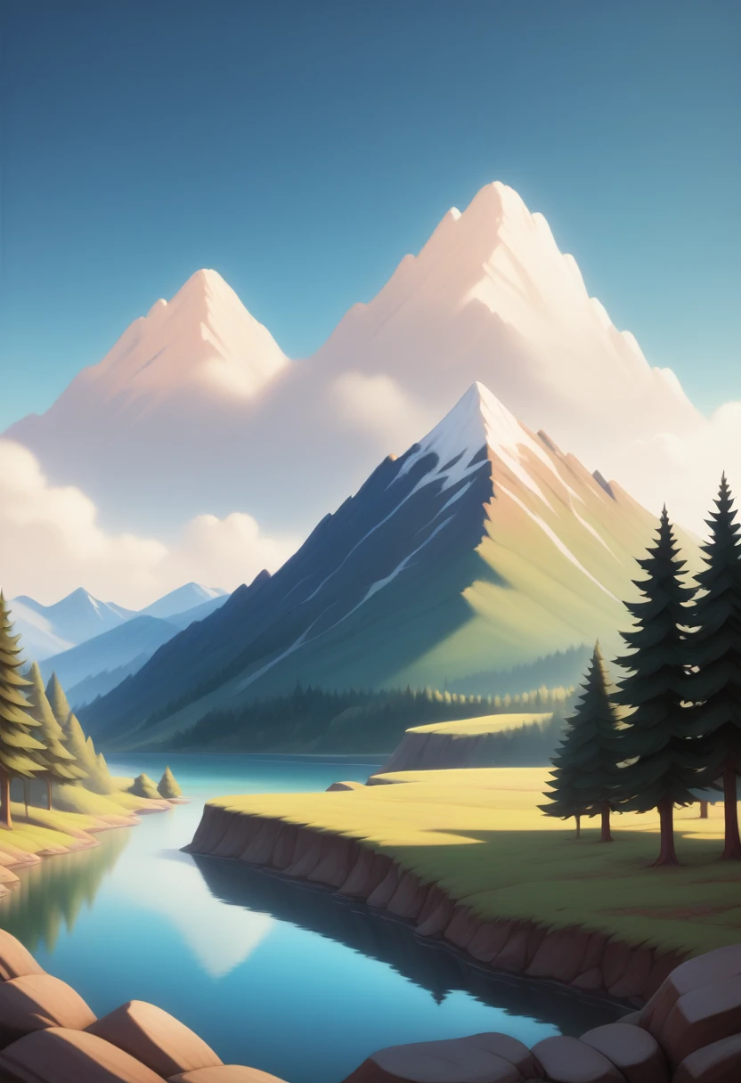 impressive painting of a mountain with trees and water, a detailed painting by Petros Afshar, shutterstock contest winner, environmental art, detailed painting, outlined art, 2d game art, isolated background for logo, strong contours, logo design
