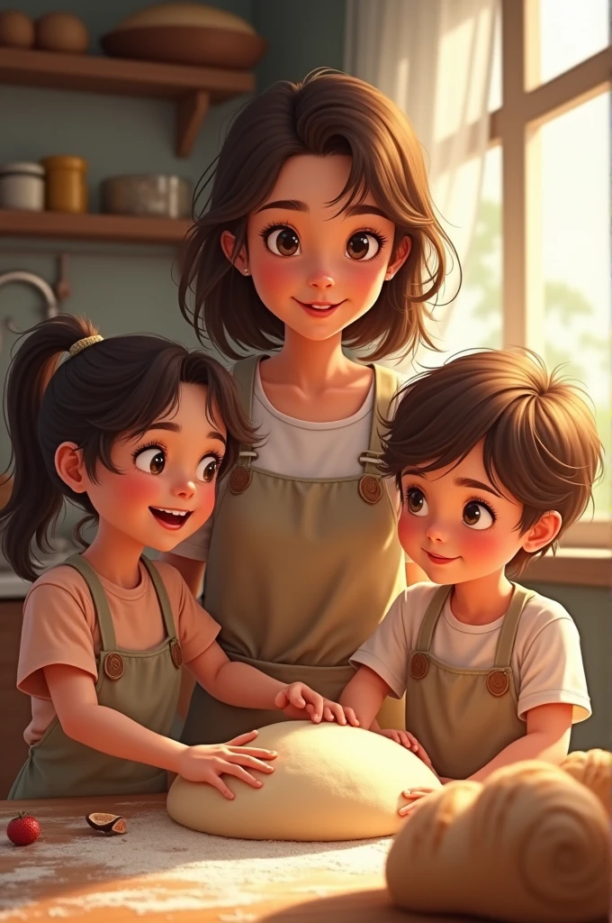mom daughter son playing making bread