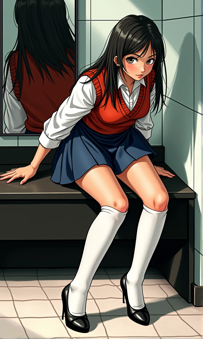 Masterpiece, best quality, realistic, high_resolution, full body picture,
Mexican teen girl, (), teen body, short stature, big round breasts, Latin skin, straight hair, wearing a school uniform, (white shirt, red vest, dark blue miniskirt, white stockings, black heels), posing for a picture in school bathroom