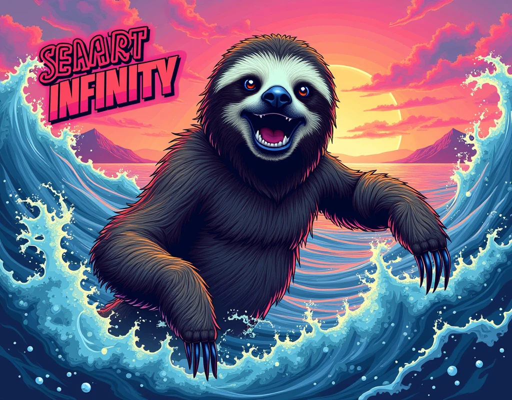 THE MEME message "seaart infinity", action-packed digital illustration of a sloth in an intense, high-energy pose, vibrant colors reminiscent of vaporwave aesthetics, surreal ocean elements floating in the background, comic book-style motion lines, bold text overlay with "seaart infinity" message, meme-inspired composition with exaggerated features, internet art style popularized on social media platforms, high contrast and saturated hues typical of viral image macros, digital painting techniques, glitch art elements, neon color palette, retro-futuristic design, 3D rendered objects mixed with 2D elements, pixelated details, cyberpunk influences, deep-fried meme aesthetic, absurdist humor visual style, viral Internet culture references.