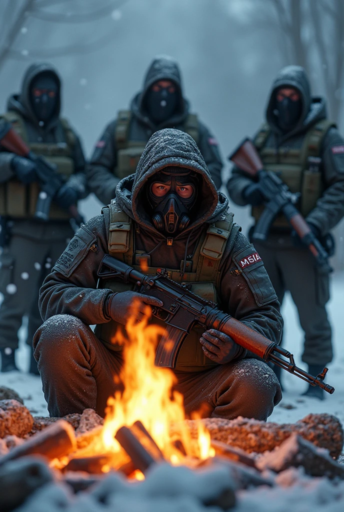 A soldier in a black gas mask that covers his entire face sits by a fire with an AK-74 (It's snowing outside) behind him are 3 of the same soldiers