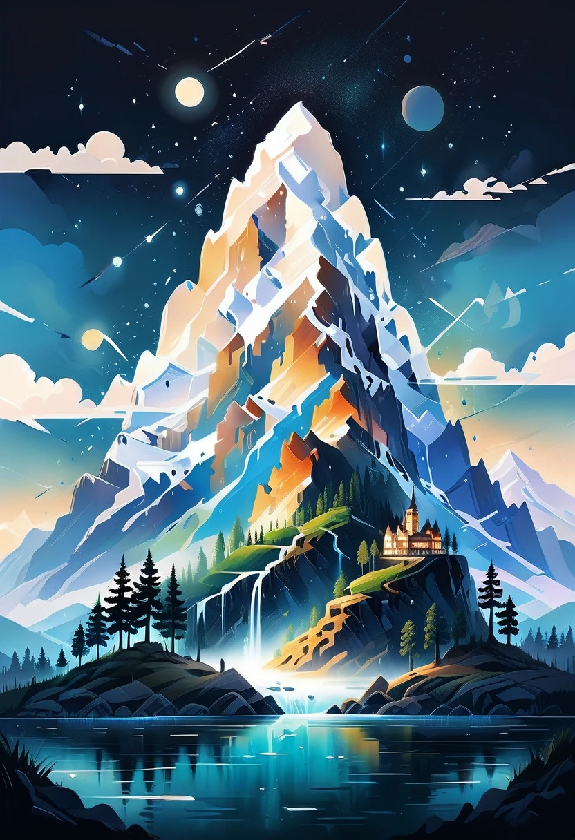 impressive painting of a mountain with trees and water, a detailed painting by Petros Afshar, shutterstock contest winner, environmental art, detailed painting, outlined art, 2d game art, isolated background for logo, strong contours, logo design