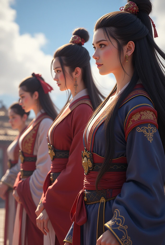 a close up of a group of people standing next to each other, game cg, xianxia fantasy, chinese fantasy, full body wuxia, chinese mmorpg, xianxia hero, korean mmo, wuxia, dynasty warriors, g liulian art style, mmorpg, by Ren Renfa, inspired by Pu Hua, mmorpg fantasy