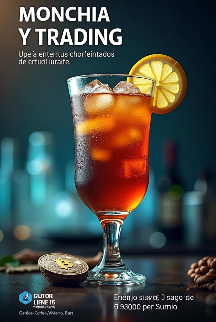 I need a horizontal flyer with a trading and dollar watermark, the text in Latin Spanish and the information in "Cocktail y trading, Learn how to use tools from your cell phone that will help you generate income, digital business opportunity" and in place and date say "Genios Coffe Thursday 15 5:30 pm"