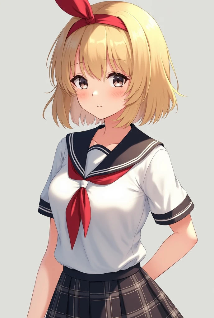 Masterpiece, Anime, A girl, One, Blushing Hard, Pouting cutely, Looking she's trying to get someone attention, Eighteen plus years old girl, White uniform and skirt, gal type, blonde hair, gyaru type, hot and attractive, big oppai, tall and curvy, school girl