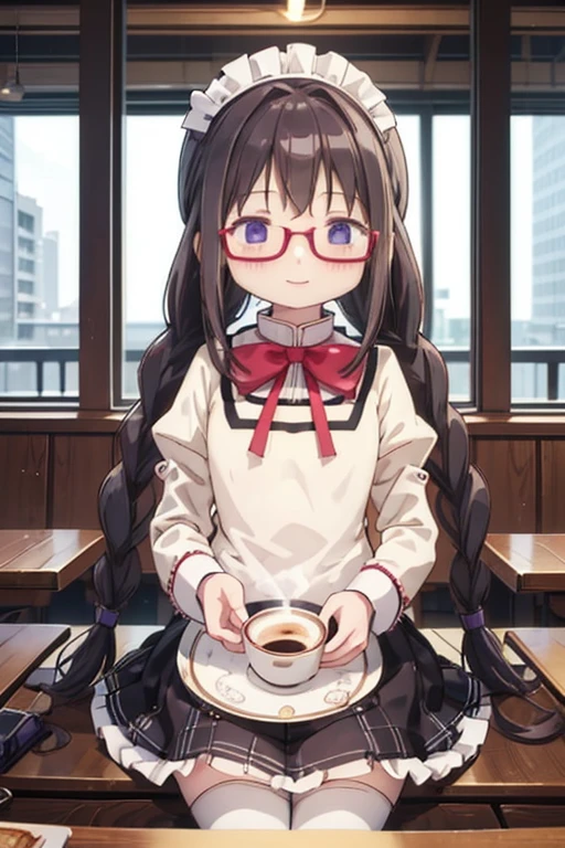 (high quality、masterpiece)、One Girl、アニメ、ultra hi resolution picture、Depth of written boundary、smile、cute、View your viewers、Glasses、Twin braids、whole body、homura akemi、Coffee shop、Maid clothes