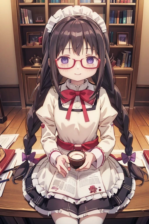 (high quality、masterpiece)、One Girl、アニメ、ultra hi resolution picture、Depth of written boundary、smile、cute、View your viewers、Glasses、Twin braids、whole body、homura akemi、Coffee shop、Maid clothes