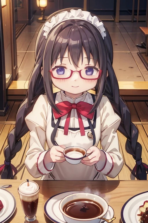 (high quality、masterpiece)、One Girl、アニメ、ultra hi resolution picture、Depth of written boundary、smile、cute、View your viewers、Glasses、Twin braids、whole body、homura akemi、Coffee shop、Maid clothes