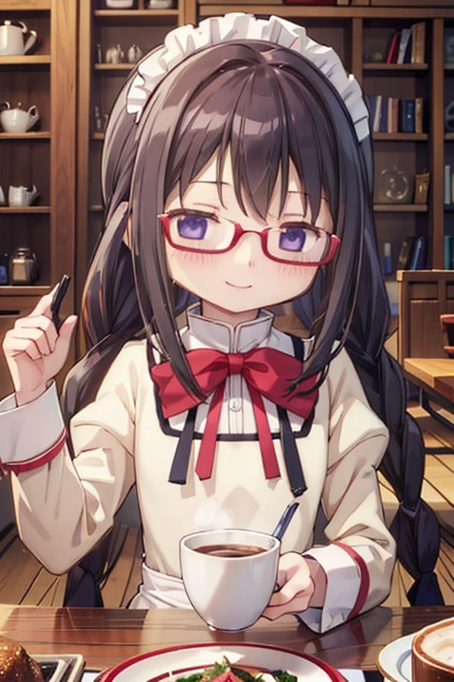 (high quality、masterpiece)、One Girl、アニメ、ultra hi resolution picture、Depth of written boundary、smile、cute、View your viewers、Glasses、Twin braids、whole body、homura akemi、Coffee shop、Maid clothes