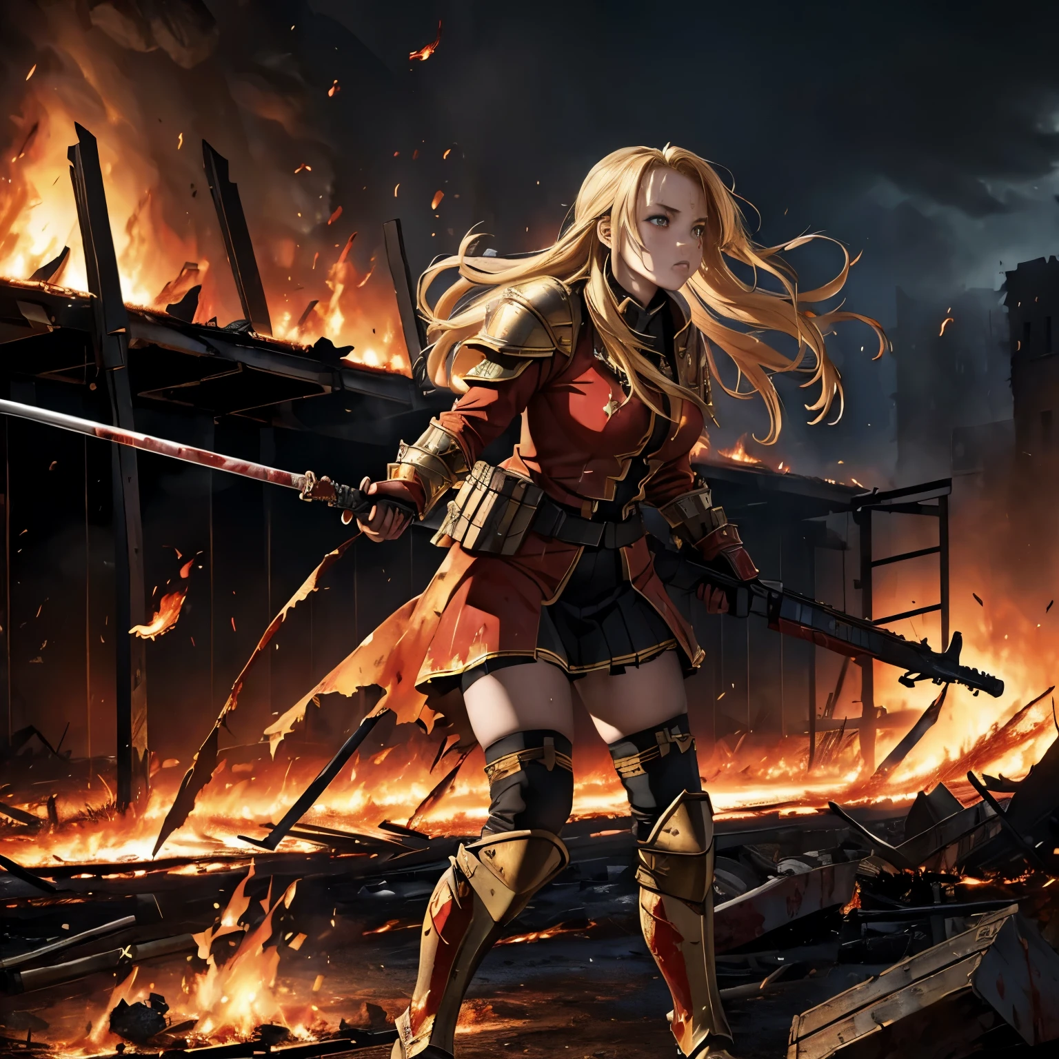 (masterpiece:1.5), (bestquality), (highlydetailed), (ultra-detailed), (1girl:1.2), (full body:1.2), (young girl), (blonde hair), (weapon in hand), (war battle scene), (bloody atmosphere), (smoke), (fire), (corpses), (chaotic background), (explosions), (torn clothing), (determined expression), (sweat and dirt), (injured), (dynamic pose), (broken armor), (burnt landscape), (fighting stance), (smoldering debris), (flames:1.3), (battle cries), (sounds of war:1.1)