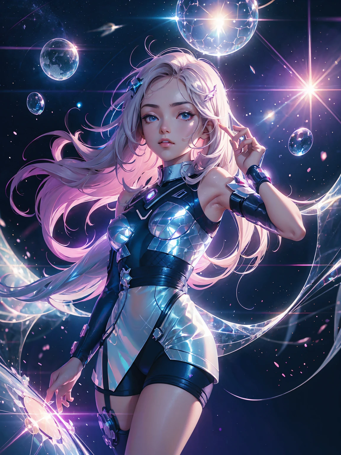 Girl, whimsical sci-fi character design, young protagonist with bionic legs, floating in a kaleidoscopic space, iridescent lighting, sparkles and lens flares, surreal environment, anime aesthetics, hyper-detailed digital art --ar 3:4 --style raw --stylize 600 --niji 6