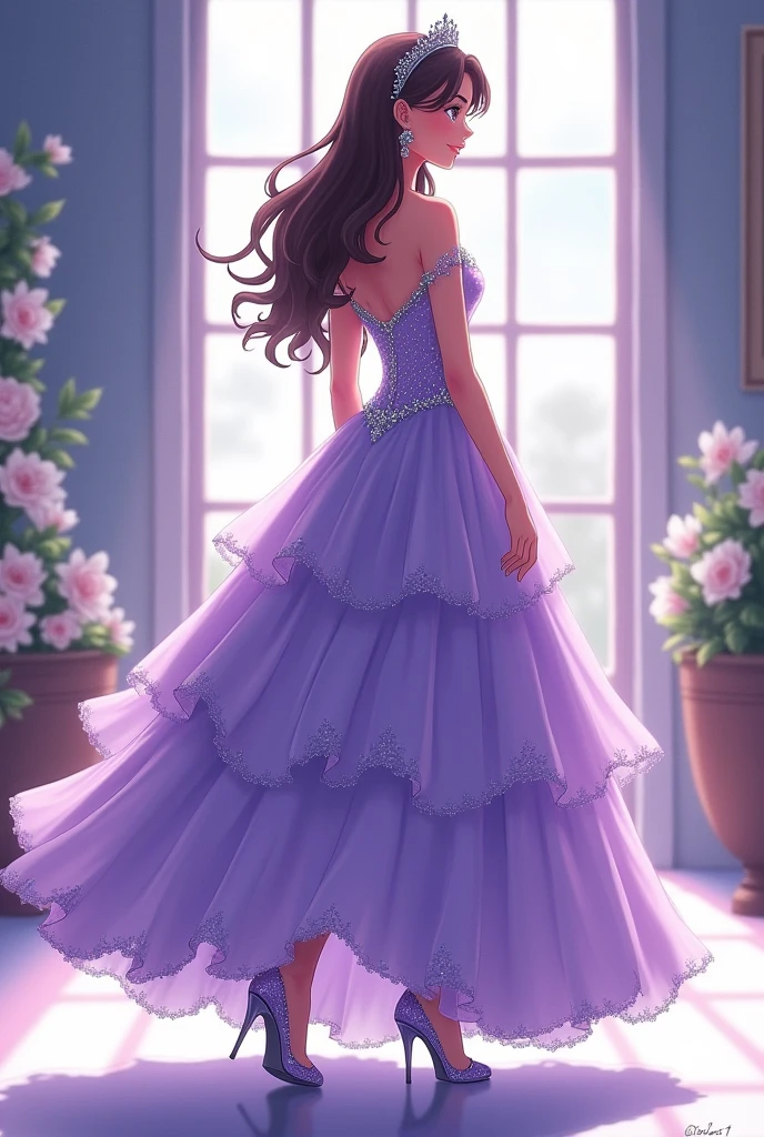 Anime style quinceanera walking in profile with a beautiful and extravagant lilac dress and her feet with transparent heels and needlepoint can be seen without a tiara or crown  