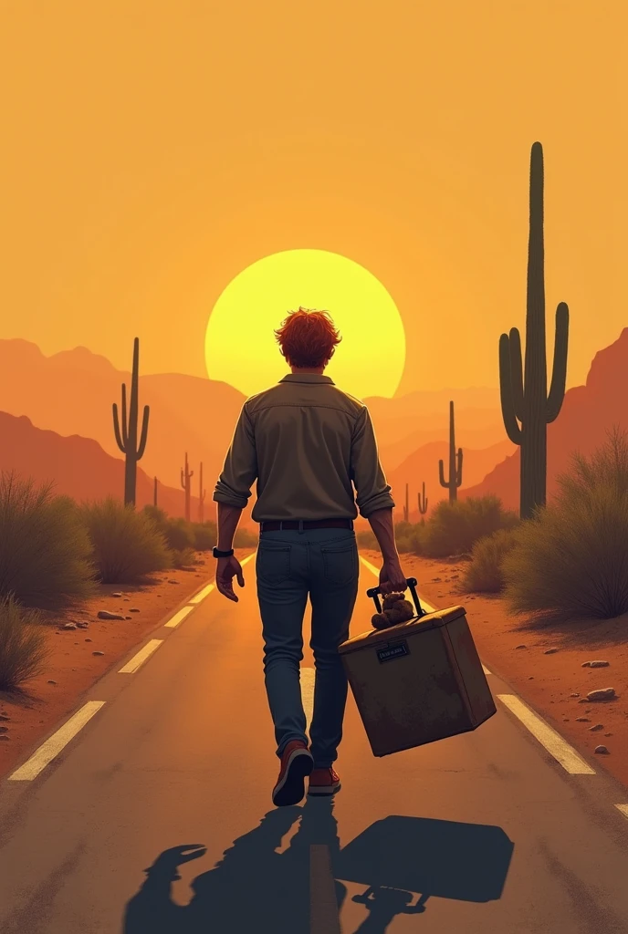 Man carrying a wheeled toolbox walking facing the sun on an asphalt road in the Arizona desert driving at sunset and in the box a small brown teddy bear