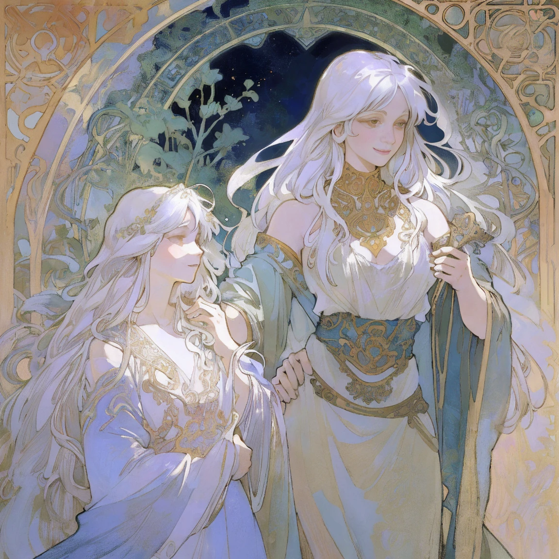 cover, a high resolution, top quality, Best quality, paid reward available, unparalleled masterpiece, The perfect work of art, absurdity, High-quality illustrations by Alphonse Mucha., Art Nouveau, Delicate and elegant lines, loose white hair, Flowing dresses, Curvilinear lines, Decoration with plant motifs, Geometric decoration, Poetic atmosphere, rich colors, Dreamy, Mystical, tarot card(In the woods, Where the creek flows, Backlight)Ideal Anatomy(fluffy, just concentrate, dress, Long Globe)(fluffy антро:1.7)((8 smoky body, Facial features of animals, Features of the animal's body)))All over body, archaic smile (portrait),
