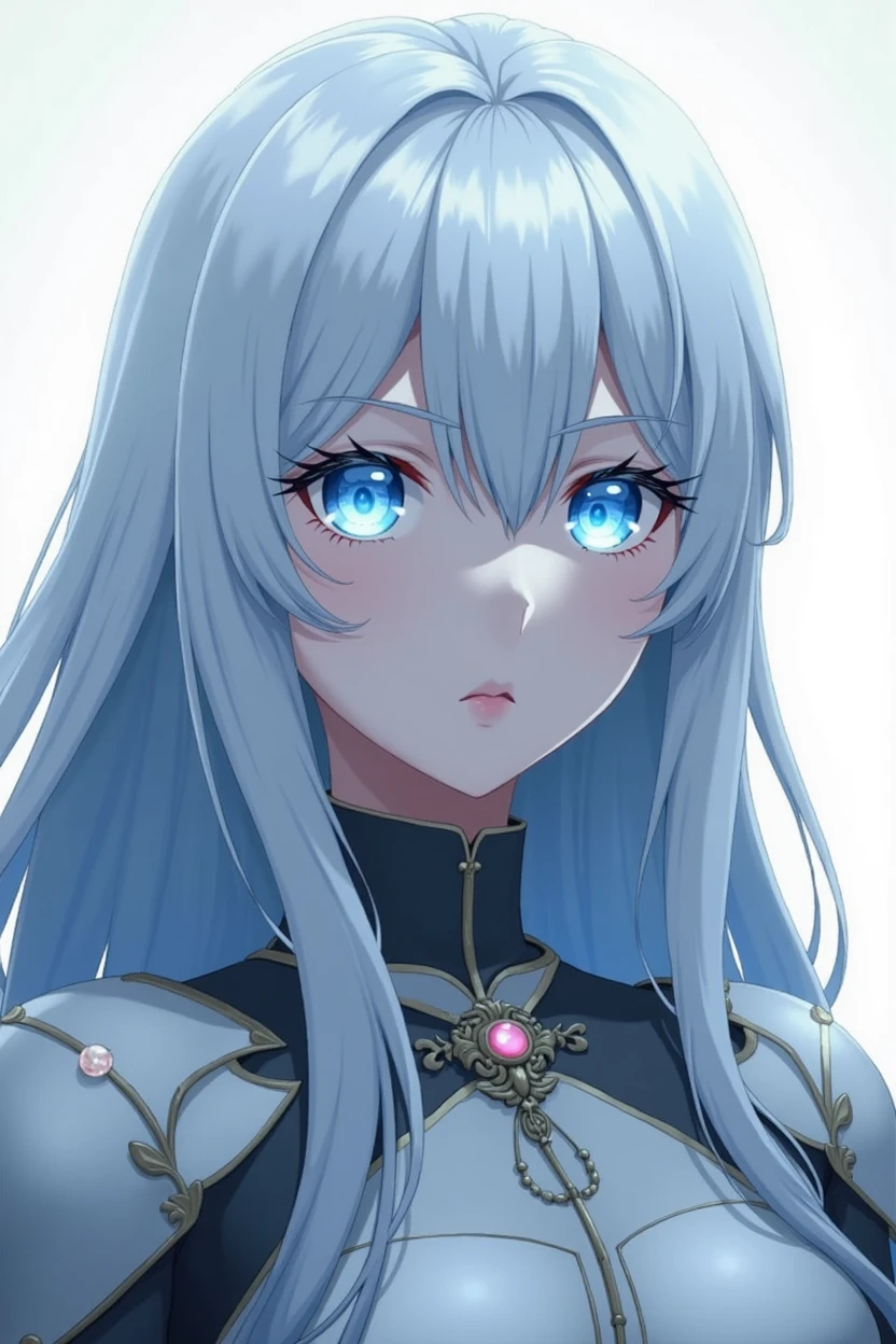 The picture shows a female adult large anime figure with long, smooth, white hair and a light blue shadow on the underside of the hair. Her eyes are as blue and bright as ice. She has a somewhat frightening aura, because she is a warlord. Her face is white as snow and her clothes are made of fine leather. 