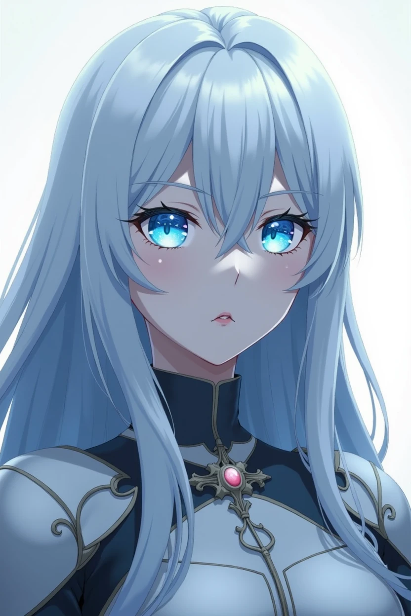 The picture shows a female adult large anime figure with long, smooth, white hair and a light blue shadow on the underside of the hair. Her eyes are as blue and bright as ice. She has a somewhat frightening aura, because she is a warlord. Her face is white as snow and her clothes are made of fine leather. 