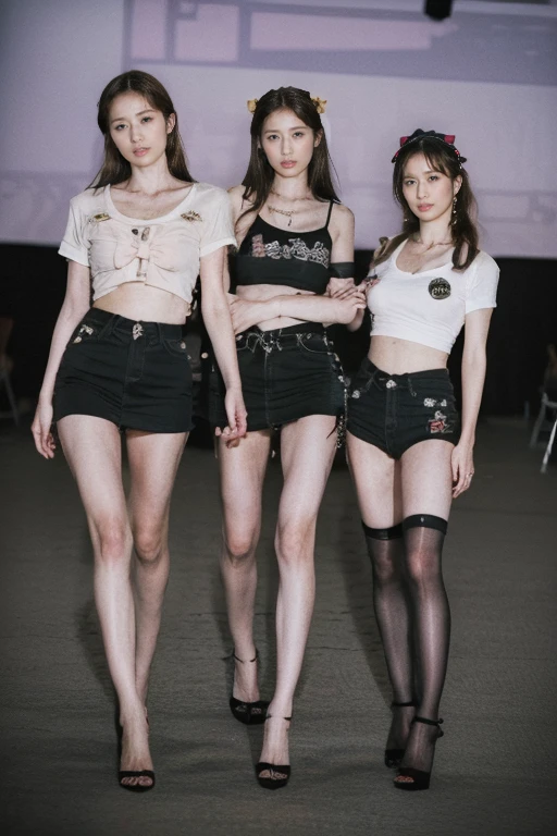 (Original Photography:1.3), dramatic，best quality, Very detailed, high resolution, best quality, Original Photography, Super Detail, (Delicate face), (Delicate eyes) ，blonde，Stylish hairstyle，(Semi-transparent skirt、Very detailed的T恤:1.1),rebellious， (((3 Women站在一起:1.3)))，Korean female star，fashion model，Bare back, 3 Women.  Cleavage，(((Complex T-shirt、Rock、badge、Bow)))，Beautiful buttocks，Slender long legs，High heel，Standing，(((Facing the audience)))