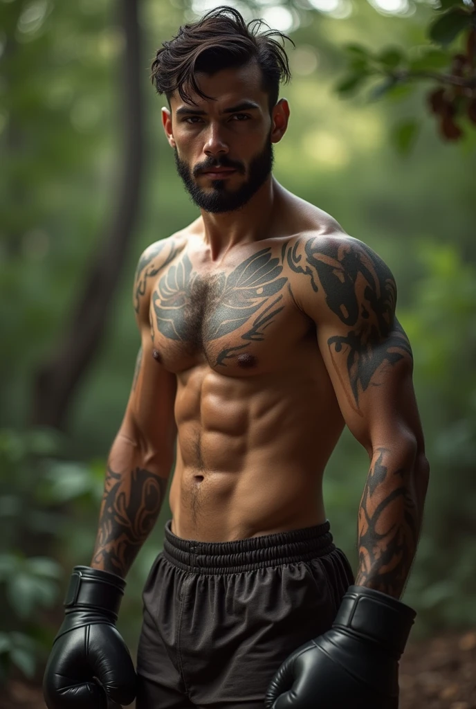 20 year old man, delgado, marked, Colombian, unclothed, a boxer, marked legs, 3-day-old beard with body hair, exercising outdoors