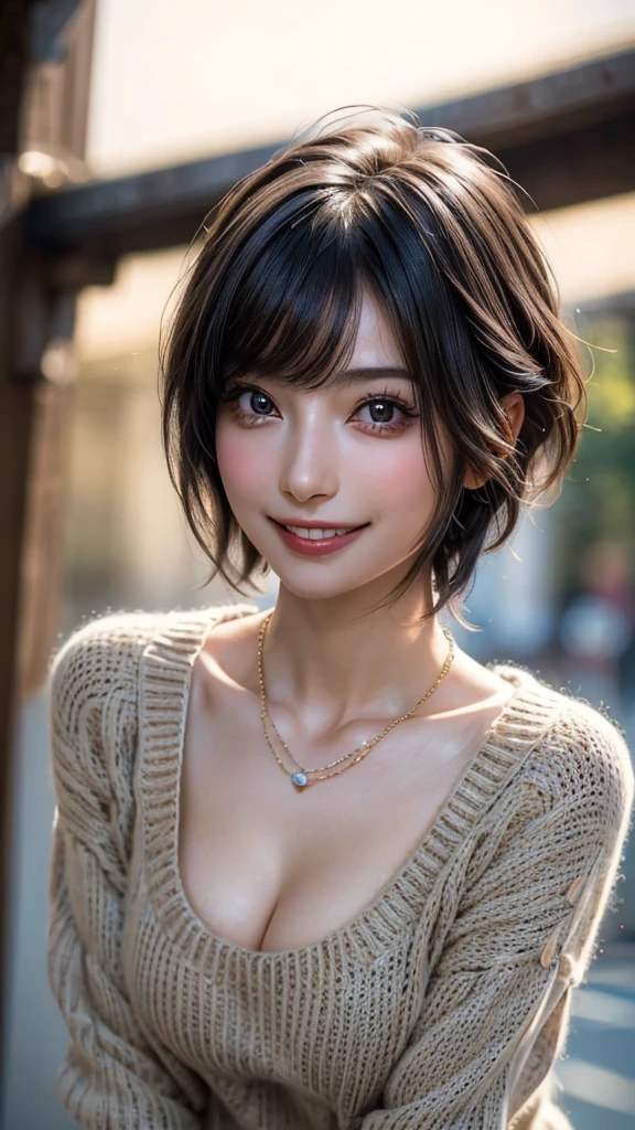 ((Beautiful Face:1.4)), (Purelos Face_v1: 1.0), (Highest quality, 8k, 32K, masterpiece, Ultra-high resolution:1.2),Beautiful Japanese Women Photos, Large Breasts, Very short bob hair,Upper Body,(Extra Large_sweater,:1.2) necklace, Simple Background, Look around,((Natural breasts:1.0)),((smile))