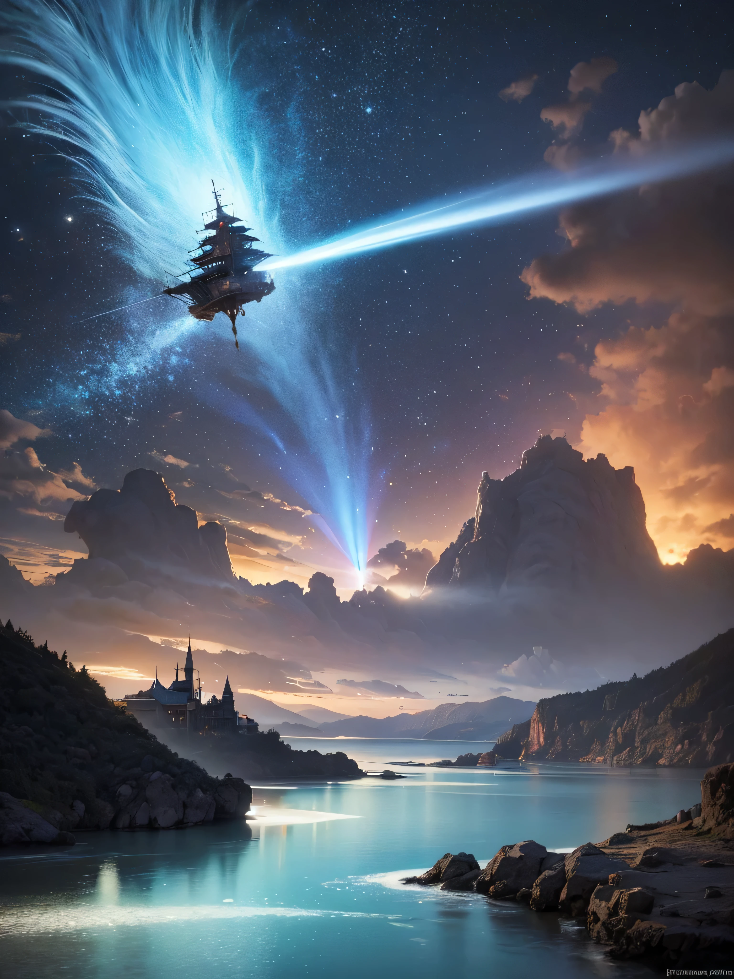 (8k, highest quality, masterpiece, final fantasy style: 1.2), (unRealistic, photoRealistic: 1.37), Dreamy landscape, Fantasy, Unsurreal landscapes, Super detailed, Flying Castle, Floating Island in the Sky, Seven-colored swirl of light, Intense lightning, milky way, Complex Light, Colored light, Large Lake, Starry sky reflected on the lake surface, Countless shining stars, Meteors,  Reflections , (A pillar of light emanated from the ground:1,2), roses and orchids gardens , sunset, pink clouds, waterfalls in the sky, realistic style, Hyperrealism drawing, a flying pirate spaceship floating at the clouds level, burning skyscrapers, cyborgs, timeless realms, stunning  princess  , floating hair, pink lipstick, cute, naked shoulders ,  casting spell, healing light magic effect, in a magical lagoon of the fairyland, crystal clear water surface reflections, sharp focus, looking at viewer, (close-up:0.9), (bright white theme:1.2), (bright white tone:1.2), (deep blue tone:1.3), realistic, Hyperrealism,vivid colours