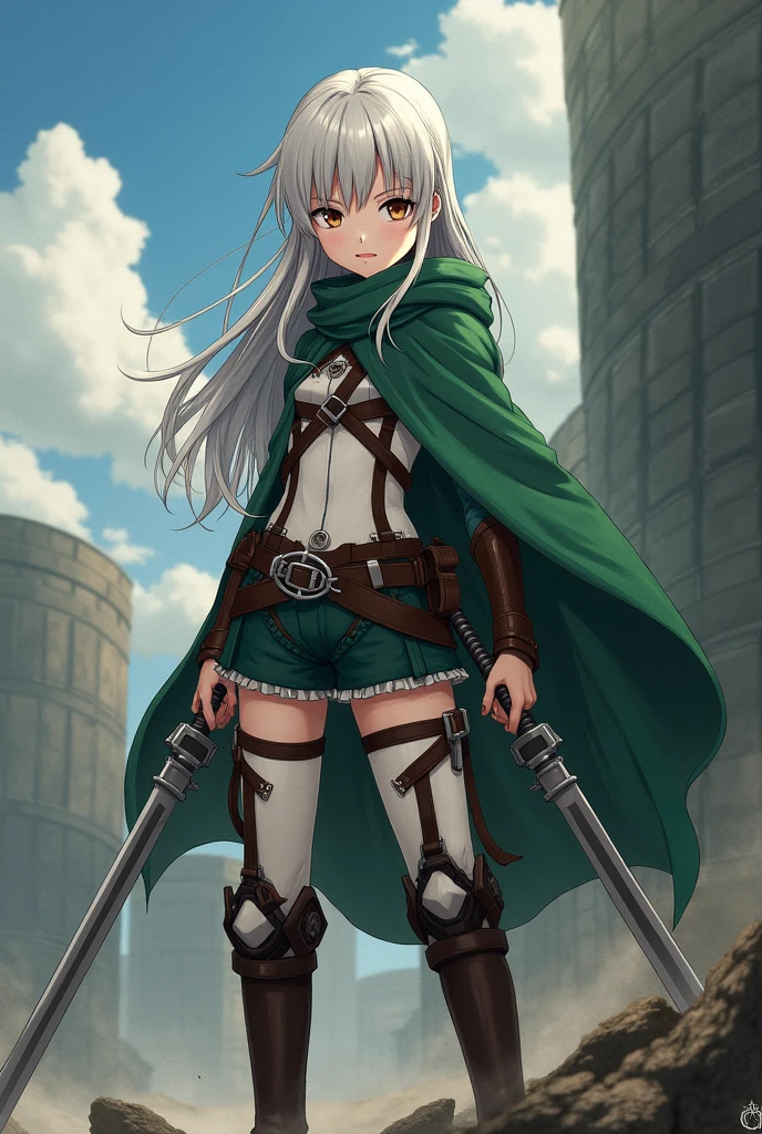 A white girl, with long silver hair, brown eyes, anime style, pink lips, serious expression, with attack on titan legion clothes, with two swords from attack on titan, full body, mappa studio style, witt studio style, with an attack on titan background