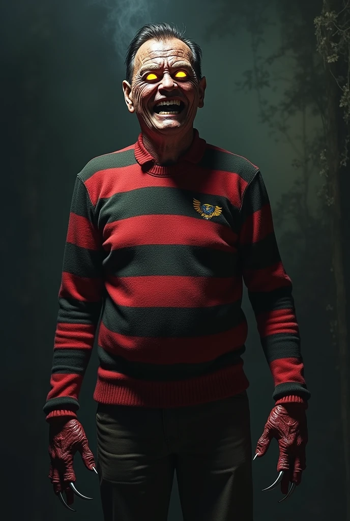 I want you to create a combination of Freddy Crugger with Evo Morales and his striped sweater