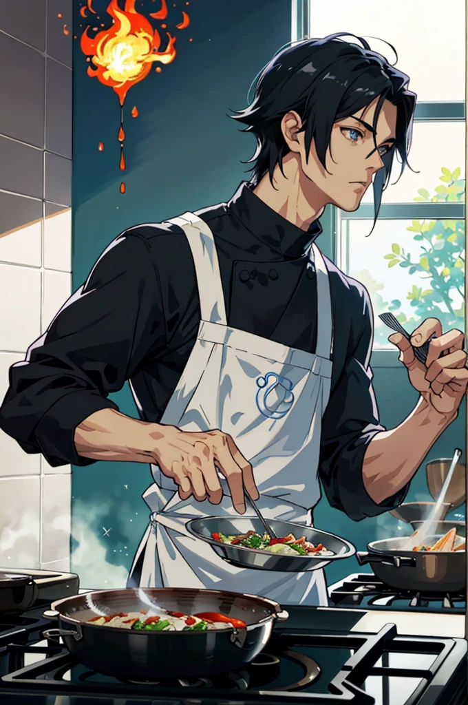 Masterpiece, best quality, tall adult male with lean muscle, Sasuke handsome face and delicate eyes, intricate detail depiction, being in a cooking kitchen, flames bursting out of the oven, cooking action, profile pictures themed around anime food, ideas for the best chefs, cooking shows and official art, view out of window is a futuristic society
