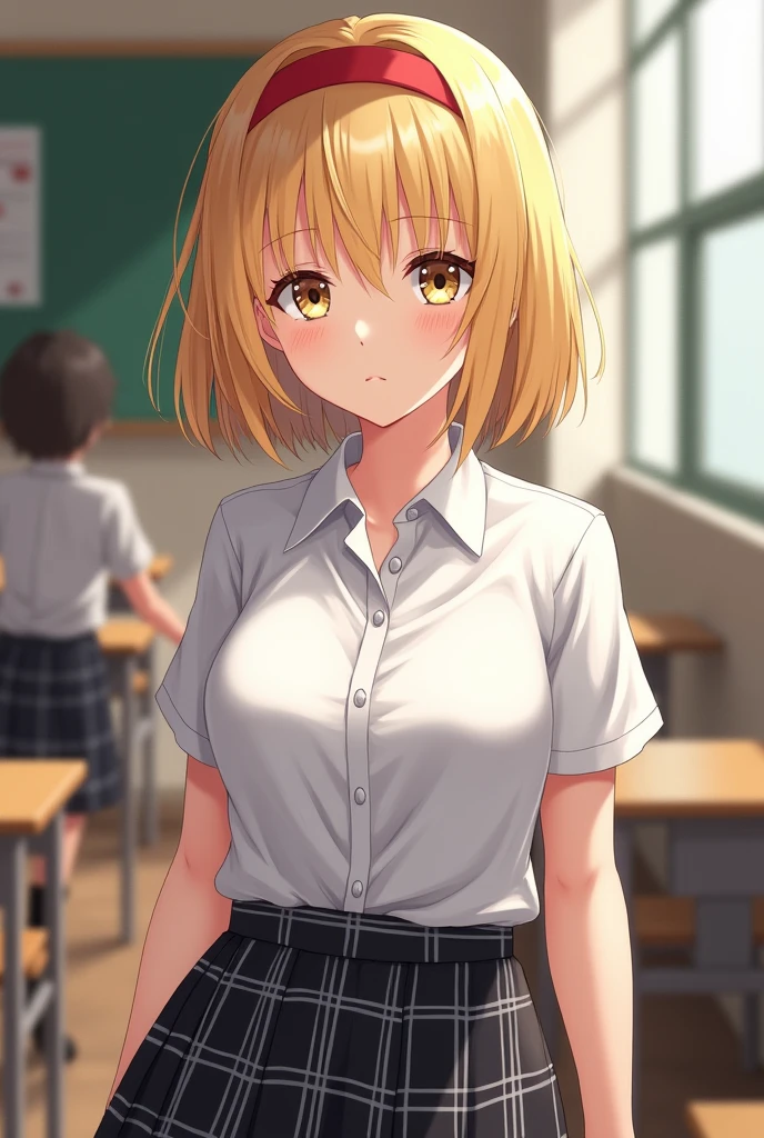 masterpiece, best quality, nsfw,
1girl, summer , plaid skirt, yellow hair, ponytail, smile, from front,
(wet body:1.2), classroom,