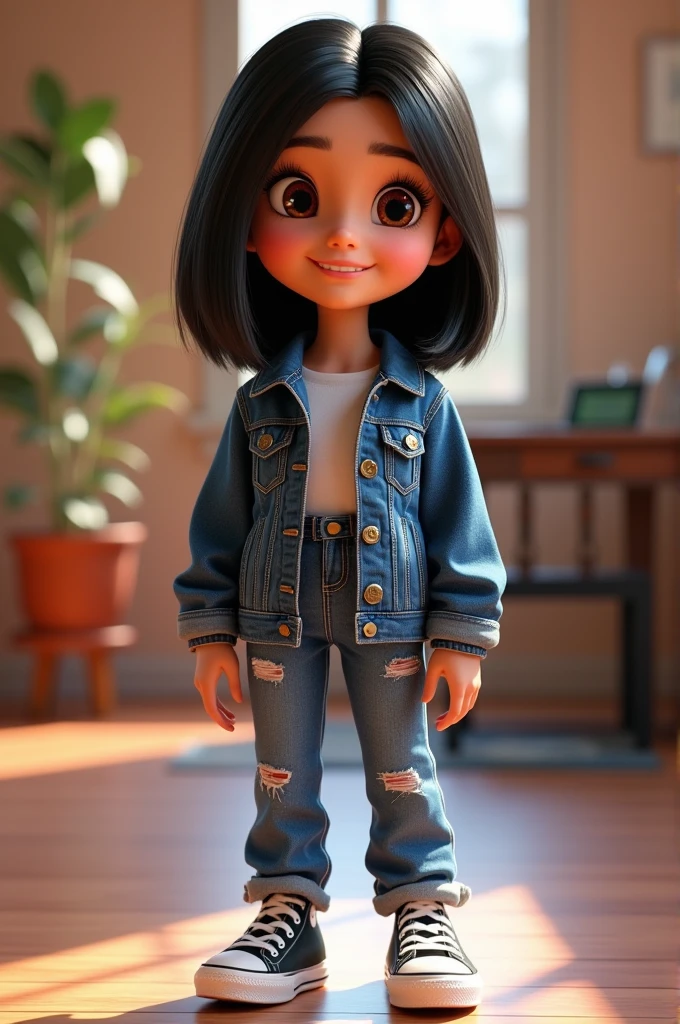 3D character from Disney animation, Pixar style, full body, smiling, brown eyes with beautiful eyelashes, the glamorous one, shoulder-length straight black hair, denim clothes, jacket, black tennis shoes, clean bottom. cinematic lighting, ray tracing, high details, 3D rendering