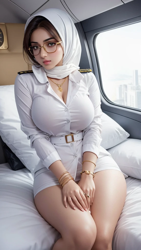 Beautiful square glasses sexy hijabi 18 years old as flight attendant in white uniform, voluptuous breasts, wear golden bangles, bracelets, necklaces, swiss polo golden watch, lying to pilot, on bed, lovely eyes, detailed horny face expression, shy
