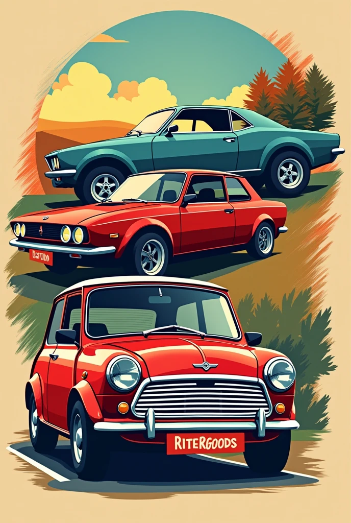 Create a ritter goods style image of 3 cars with a background of your choice, car one Lada Niva, Mitsubishi Pantera L200 car, car three Austin Mini cooper