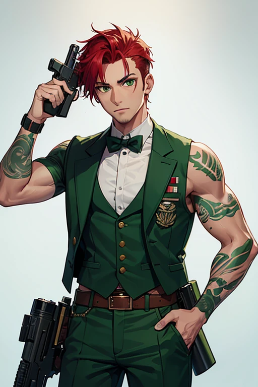 man in his 30s, Mexican, slim build, open muscles, military uniform, green vest, military print, green pants, red hair, military cut, green eyes, skin, tattoo, holding a gun