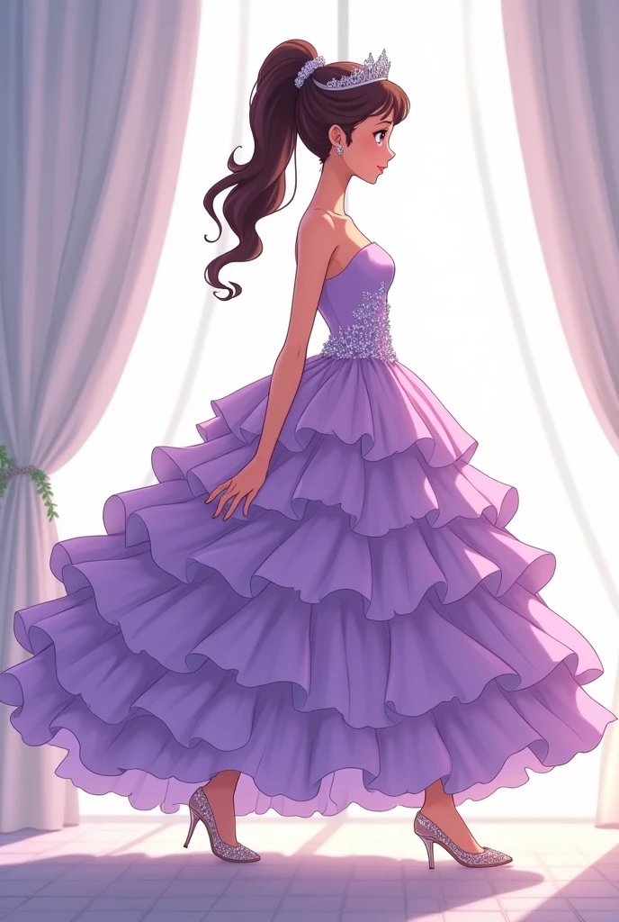 Anime style quinceanera walking in profile with a beautiful and extravagant fluffy lilac dress and her feet with transparent heels and needlepoint can be seen without a tiara or crown  