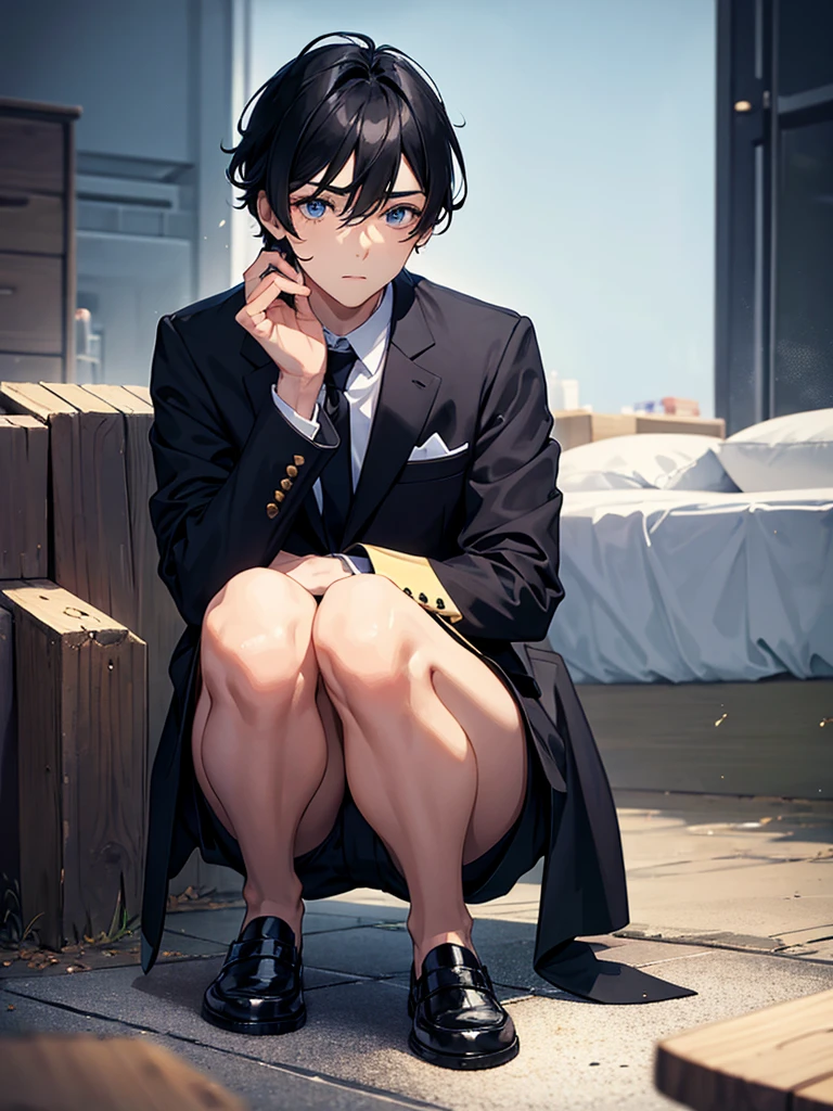 male，Beautiful Boy，suit，A little tired face，Crouching，Cute Face，Black Hair，A little upward glance