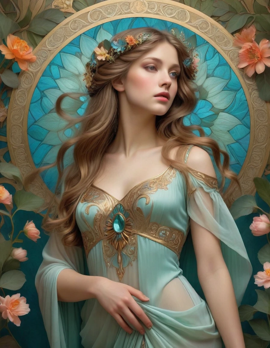 old (Masterpiece, Best Quality, Highres:1.2) Art Nouveau Style Beautiful Woman with Long Hair Shaped as Flowers in the Style of Alphonse Mucha, portrait of a beautiful cute, very beautiful, standing artistically, realistic natural, professional light distribution, very artistic lighting gradation, artistic detail, highly detailed, centered, Nymph-pattern vintage wallpaper with dramatic backlighting casting deep shadows, featuring a meticulously crafted illustration inspired by Dan Mumford and Alphonse Mucha, hyper-realistic and photorealistic textures, extremely detailed with intricate floral and foliage elements, octane rendered in 8K, Golden ratio, hidden ancient Greek symbols (, Spiral), balanced design, color harmony, Vernis Martin, golden, ancient mythology, artistically twisted edges, reminiscent of old-world craftsmanship with a contemporary edge, volumetric lighting, ultra fine details