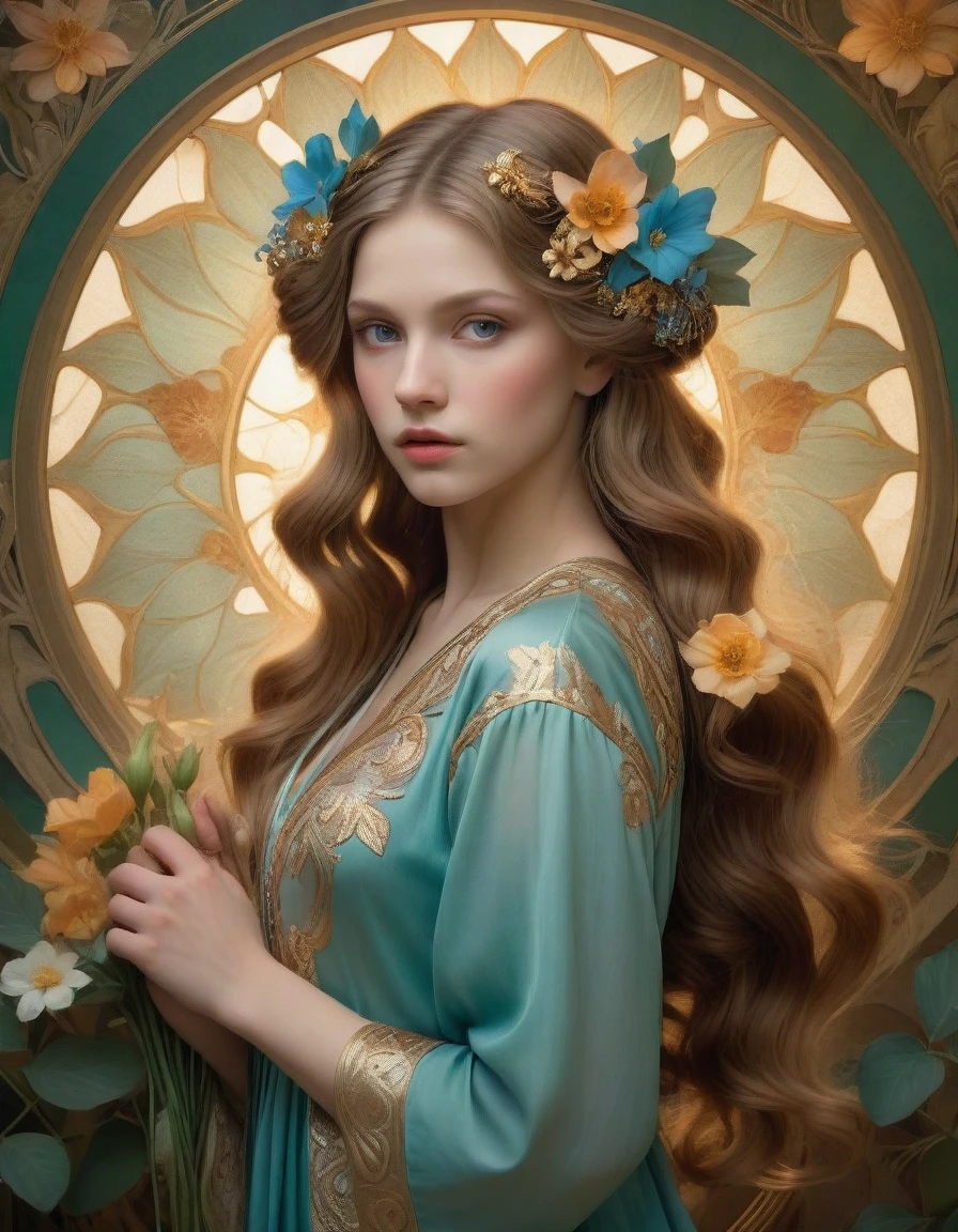 old  (Masterpiece, Best Quality, Highres:1.2) Art Nouveau Style Beautiful Woman with Long Hair Shaped as Flowers in the Style of Alphonse Mucha, portrait of a beautiful cute,  very beautiful, standing artistically, realistic natural, professional light distribution, very artistic lighting gradation, artistic detail,  highly detailed, centered,  Nymph-pattern vintage wallpaper with dramatic backlighting casting deep shadows, featuring a meticulously crafted illustration inspired by Dan Mumford and Alphonse Mucha, hyper-realistic and photorealistic textures, extremely detailed with intricate floral and foliage elements, octane rendered in 8K, Golden ratio, hidden ancient Greek symbols (, Spiral), balanced design, color harmony, Vernis Martin, golden, ancient mythology, artistically twisted edges, reminiscent of old-world craftsmanship with a contemporary edge, volumetric lighting, ultra fine details