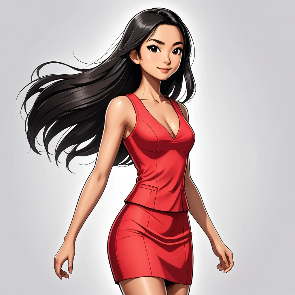 cartoon, vector illustration, no gradient, solid color fill, a beautiful indonesian girl, solo, (1girl:1.9), Long straight Black Hair, Olive Skin, detailed skin, imperfect skin, (athletic fit-muscled body:1.2), 8k, highly detailed, soft light, (white background:1.2), (red business suit with skirt:1.5), (looking back:2.1), (hands Up:1.9)