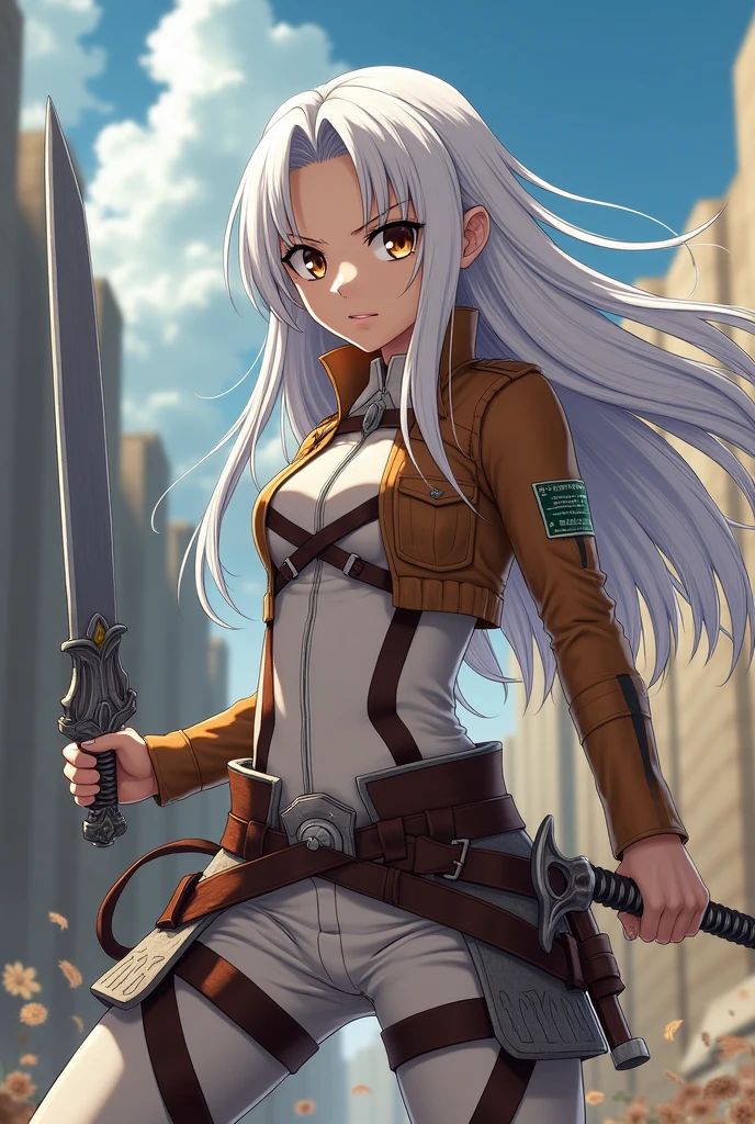 A white girl, with long silver hair, brown eyes, anime style, pink lips, serious expression, with attack on titan legion clothes, with two swords from attack on titan, full body, mappa studio style, witt studio style, with an attack on titan background, isayama hajime draw style