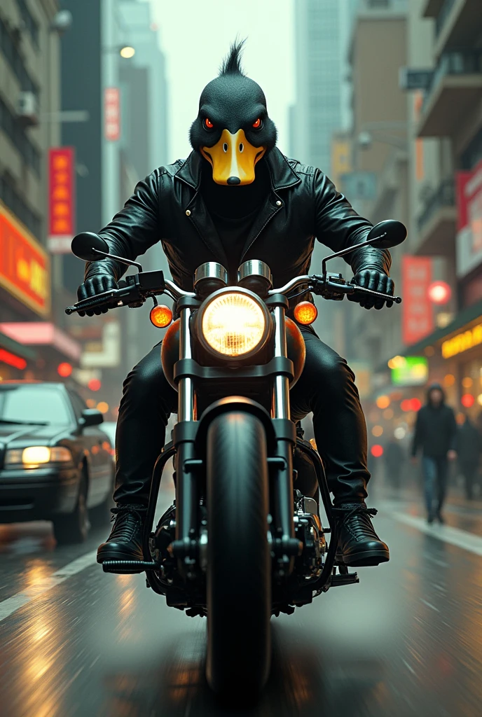 A dark black biker with a duck head, high speed in the busy city 