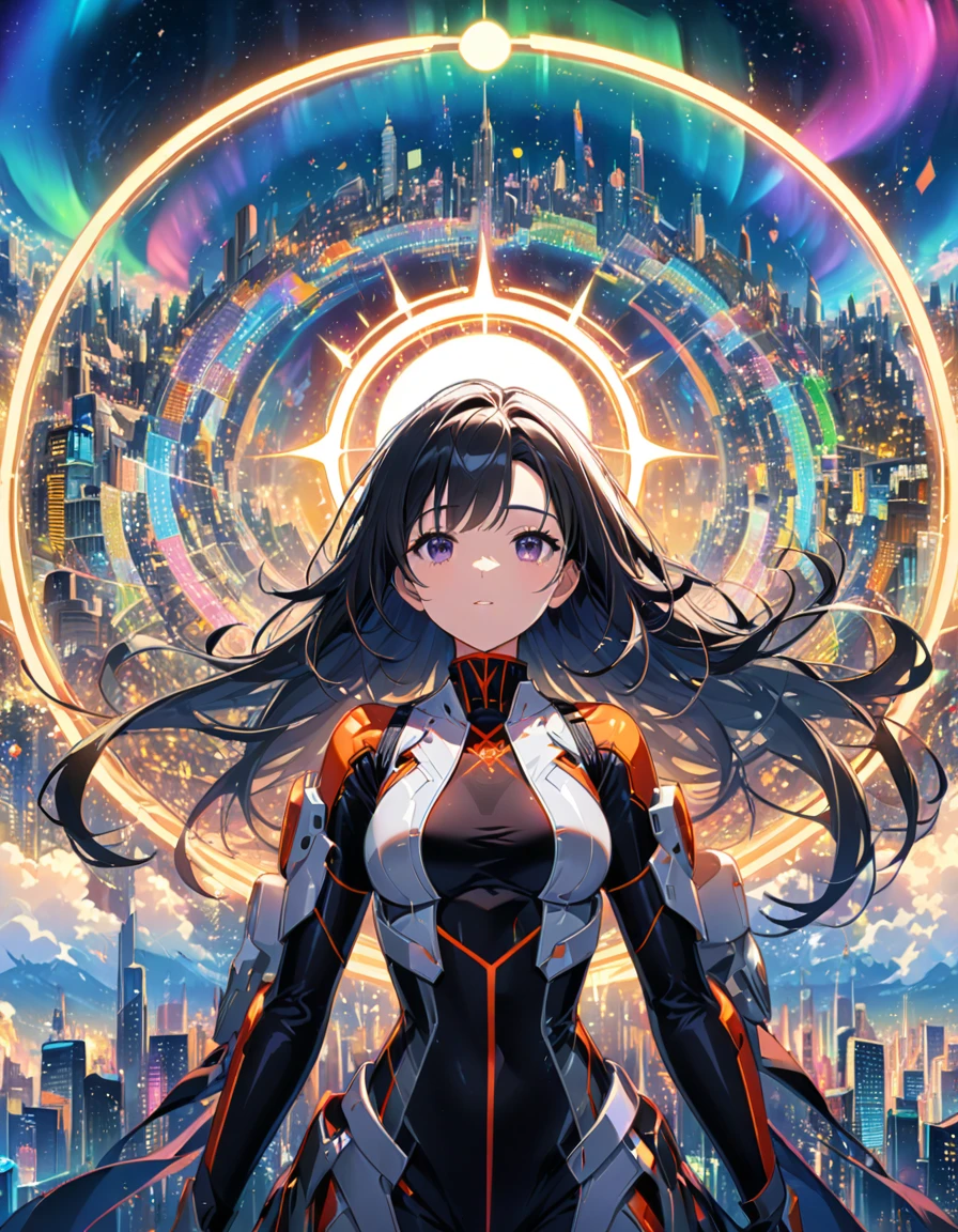 There is a girl with graceful black hair. The universe behind her shines with rich colors, and the celestial sphere, colored with its dots, is the gateway to purgatory. She is clad in mechanical vestments, and a huge halo of aurora borealis floats on her back. The symmetrical composition is probably a remnant of mandalas. She is floating alone in the sky above a futuristic city.