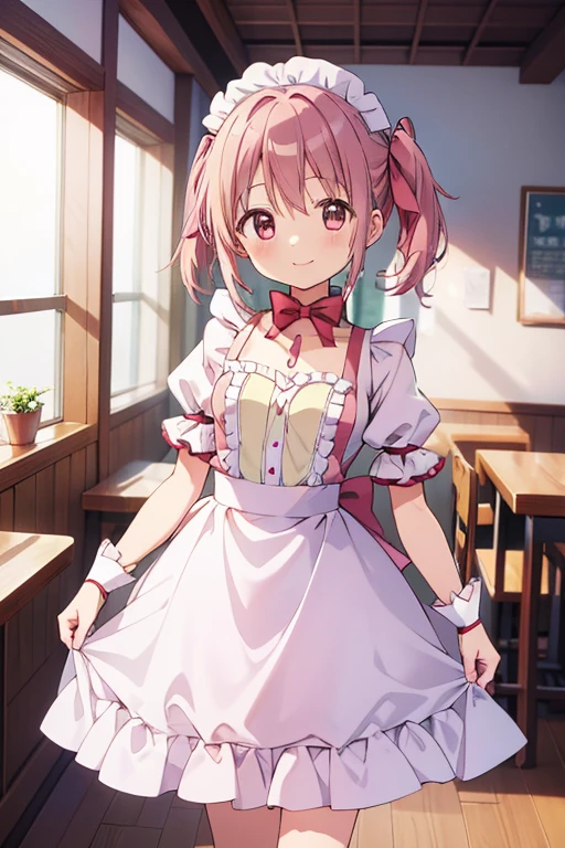 (high quality、masterpiece)、One Girl、anime、ultra hi resolution picture、Depth of written boundary、smile、cute、View your viewers、Coffee shop、whole body、Kaname Madoka、Maid clothes、Child body type、Small breasts