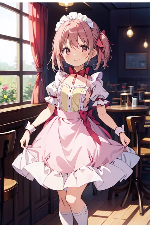 (high quality、masterpiece)、One Girl、anime、ultra hi resolution picture、Depth of written boundary、smile、cute、View your viewers、Coffee shop、whole body、Kaname Madoka、Maid clothes、 body type、Small breasts