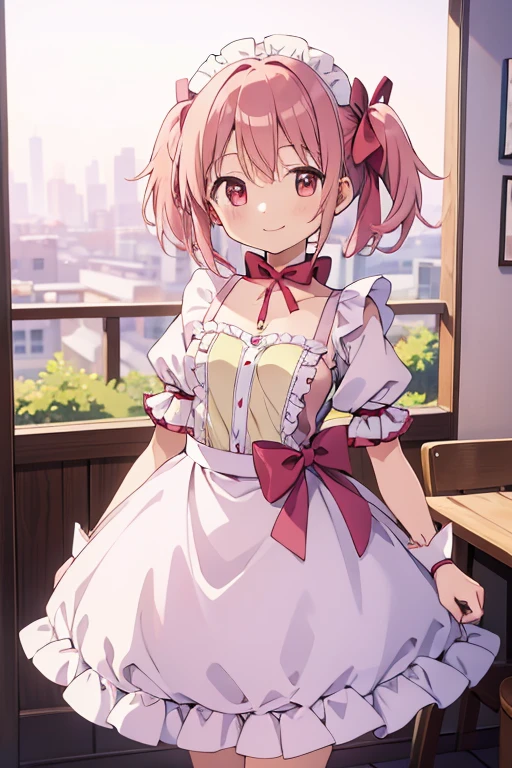 (high quality、masterpiece)、One Girl、anime、ultra hi resolution picture、Depth of written boundary、smile、cute、View your viewers、Coffee shop、whole body、Kaname Madoka、Maid clothes、Child body type、Small breasts